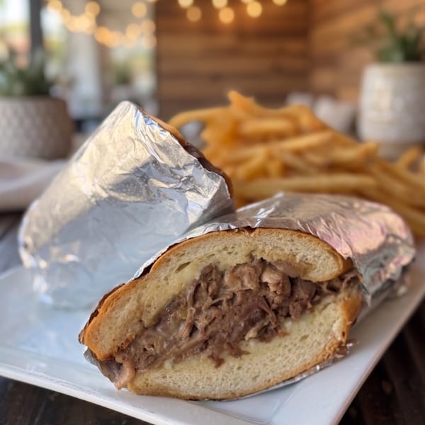 Two foil-wrapped Philly cheesesteak sandwiches with a side of golden french fries on a white plate.