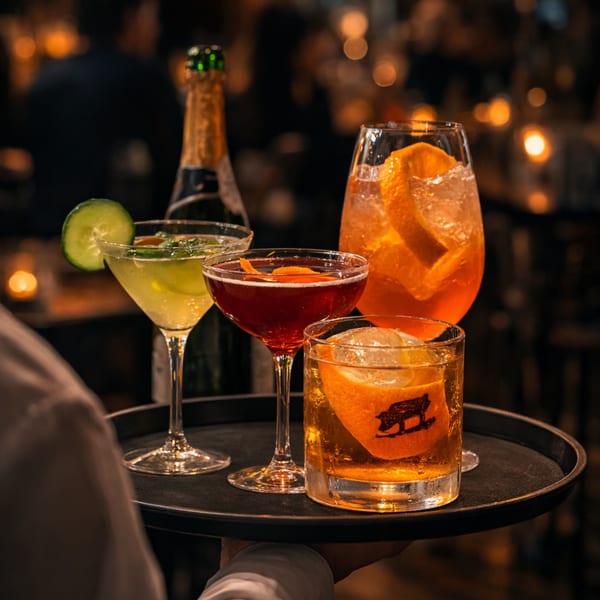 A server carries a tray with four cocktails and a bottle of champagne in a dimly lit restaurant.