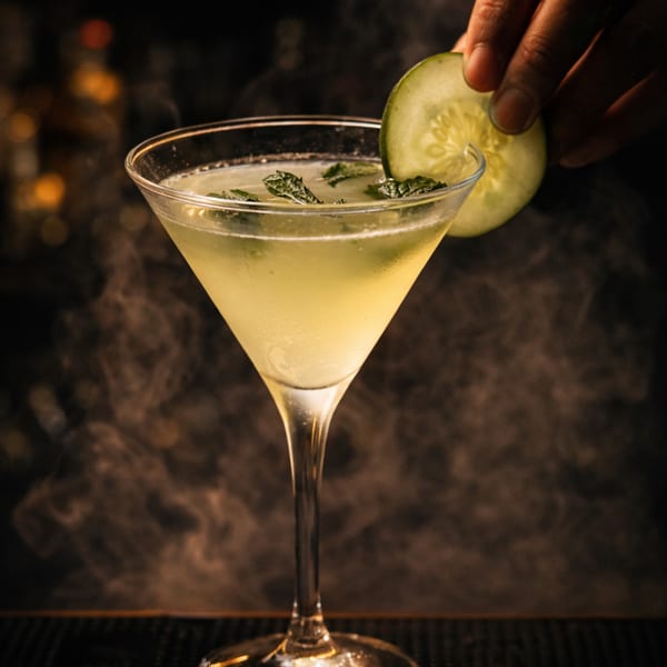 A hand garnishes a martini glass filled with a light green drink and mint leaves with a cucumber slice.