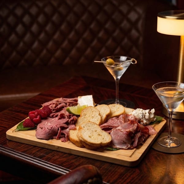 Charcuterie board with meats, cheese, bread, raspberries, and two martinis on a dark wood table.