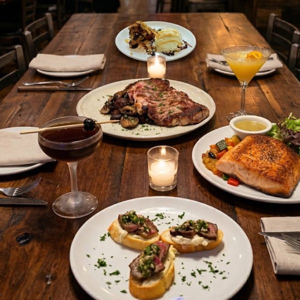 A rustic wooden table set with various dishes including steak, salmon, appetizers, dessert, and cocktails.